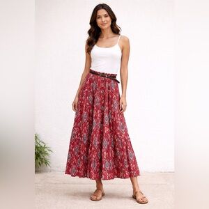 Willow Bend Red Western Pleated Midi Skirt Elastic Waist Size M